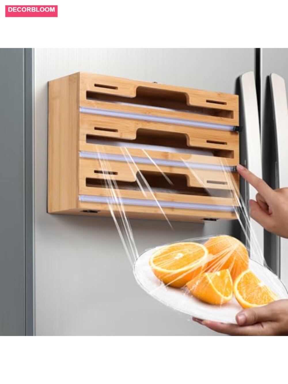 Magnetic Plastic Wrap Dispenser with Cutter 3 in 1 Bamboo Organizer